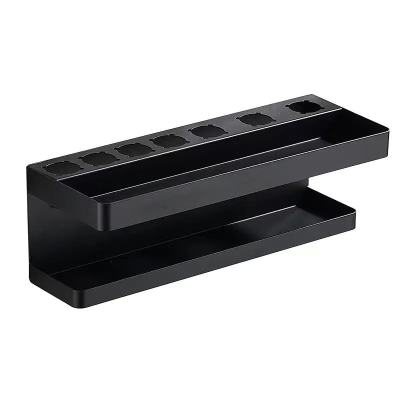 White double-layer aluminium punch-free bathroom storage rack mounted on tiles.