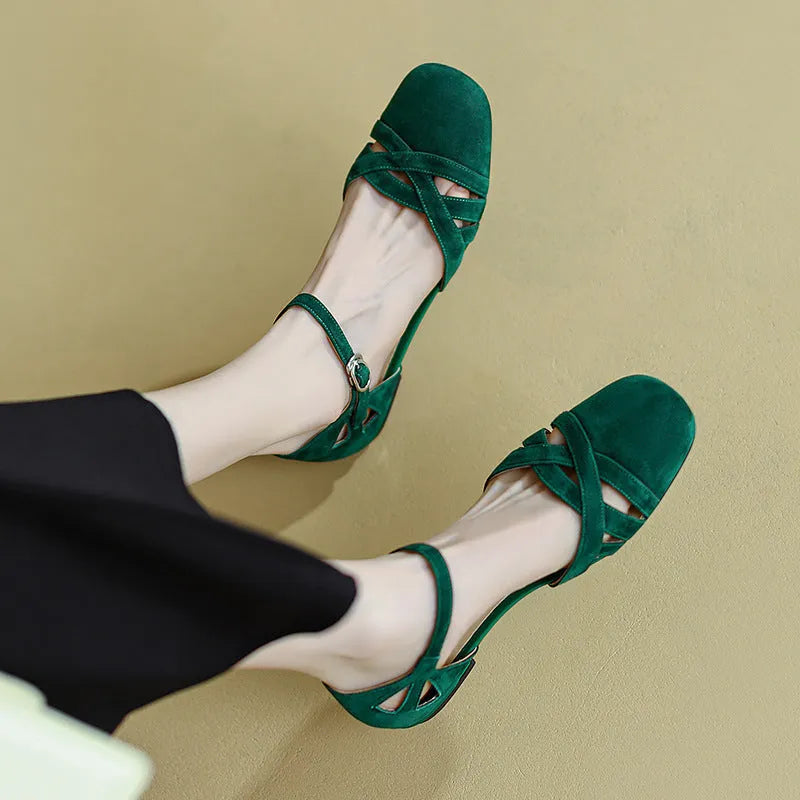 Women's French retro Roman sandals with buckle closure in apricot or green with round toe and rubber soles