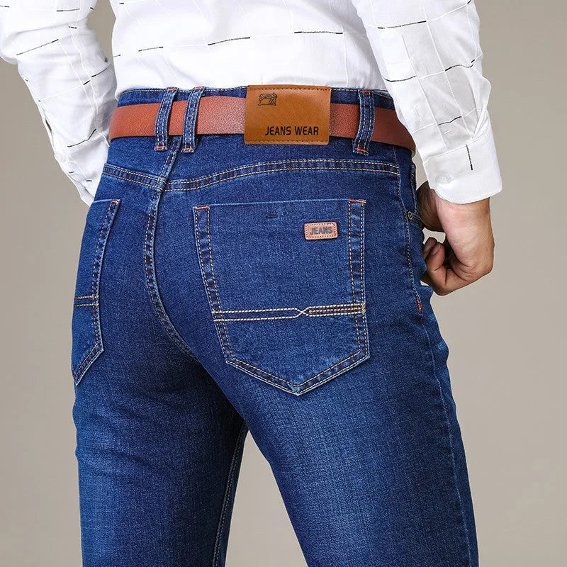 Men's black stretch slim straight business casual jeans in cotton denim