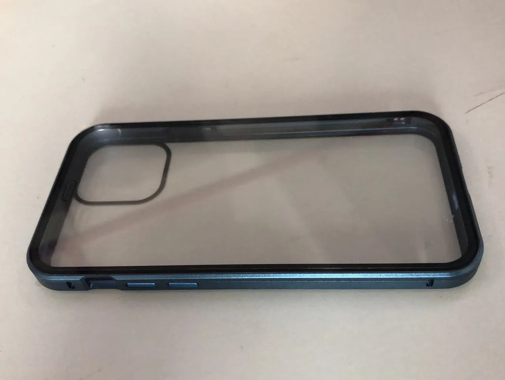 Closed clamshell anti-spy iPhone case in black showing tempered glass back and metallic Faraday cage interior.