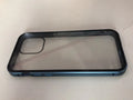 Closed clamshell anti-spy iPhone case in black showing tempered glass back and metallic Faraday cage interior.