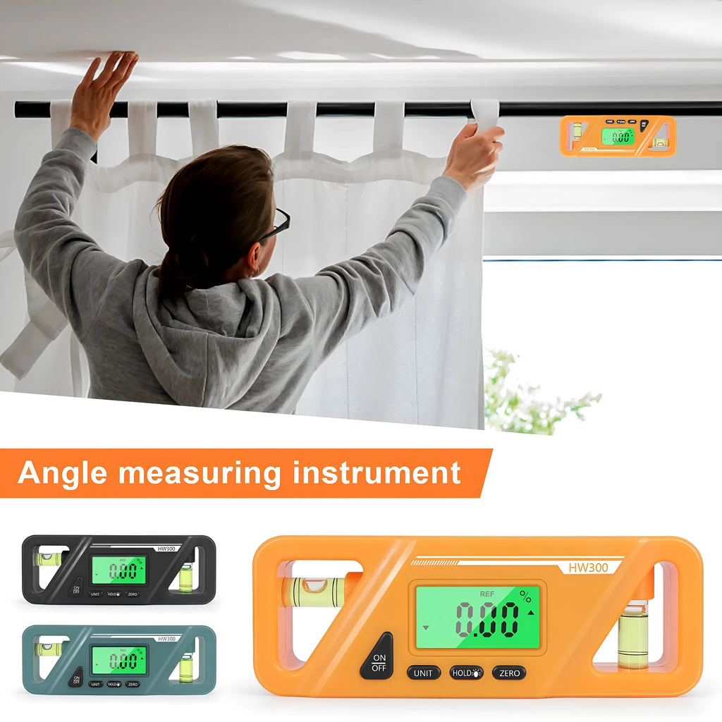HW300 digital inclinometer level meter with magnetic base and LCD display showing angle measurement.