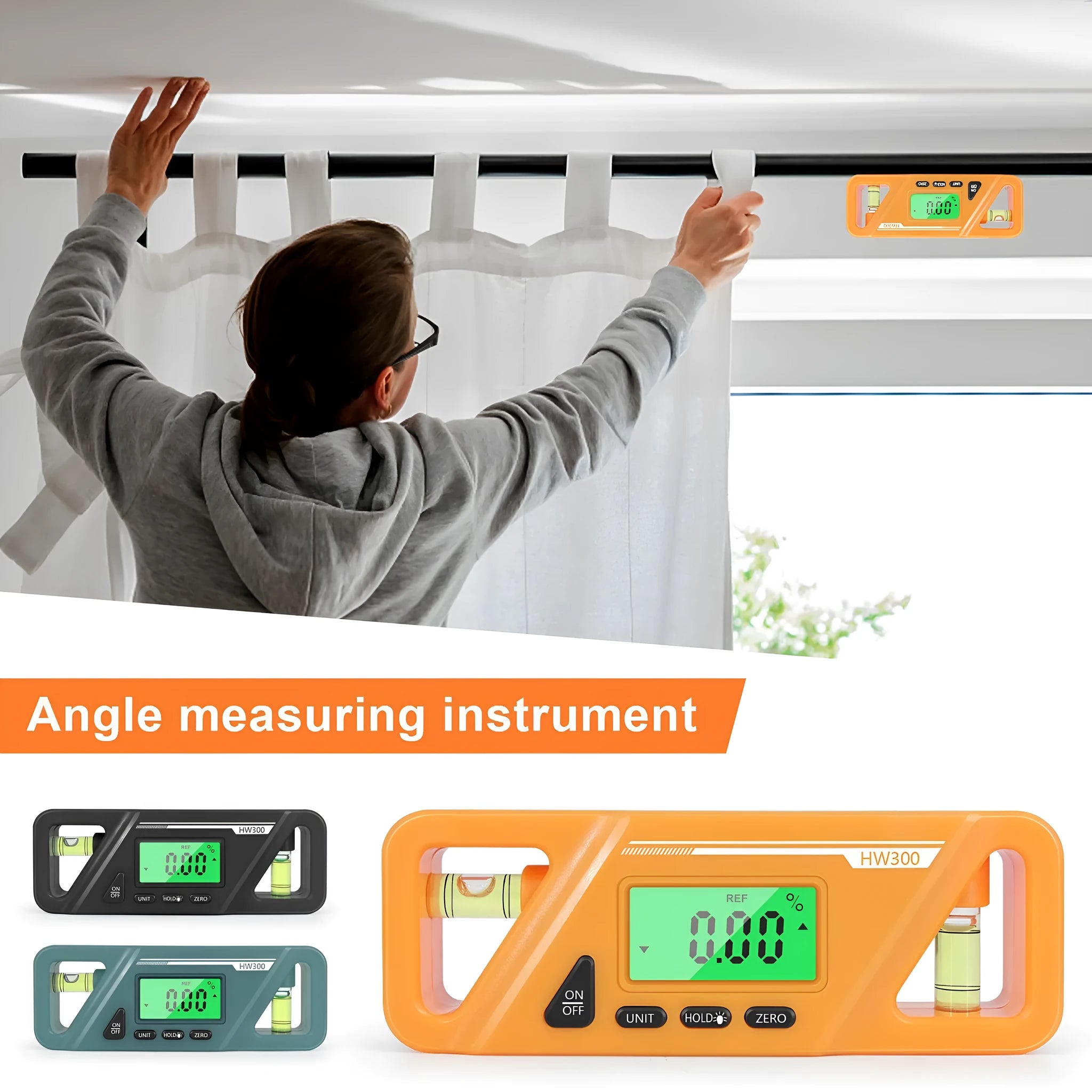 HW300 digital inclinometer level meter with magnetic base and LCD display showing angle measurement.