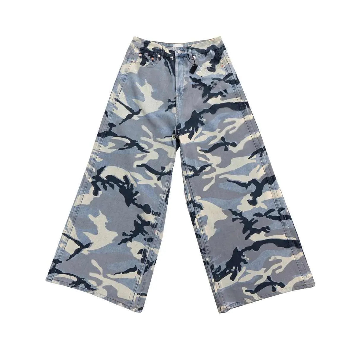 A pair of loose-fit blue jeans with a snow camouflage pattern on a mannequin.