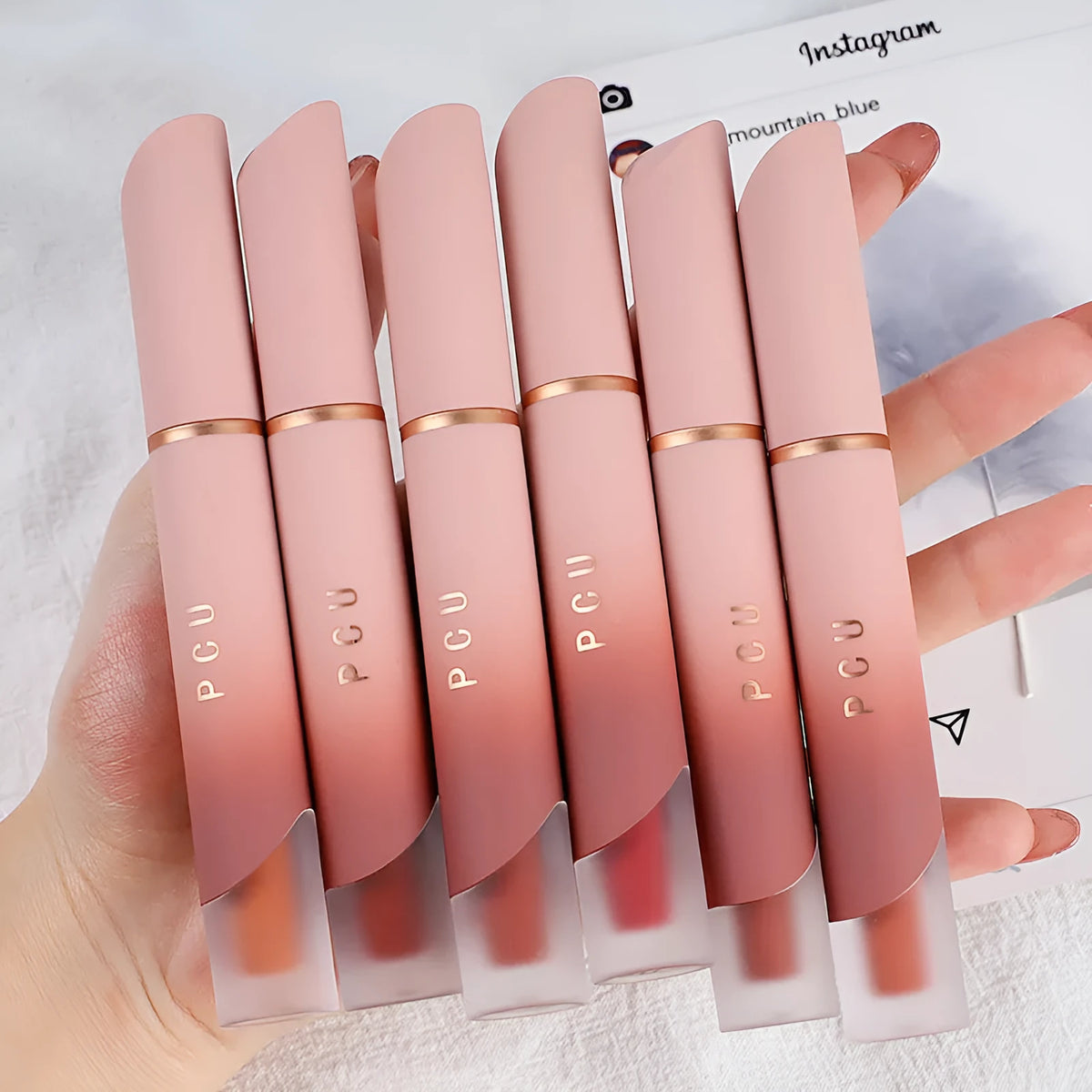 Matte lip and cheek blush in six shades with velvet soft mist texture and non-stick formula