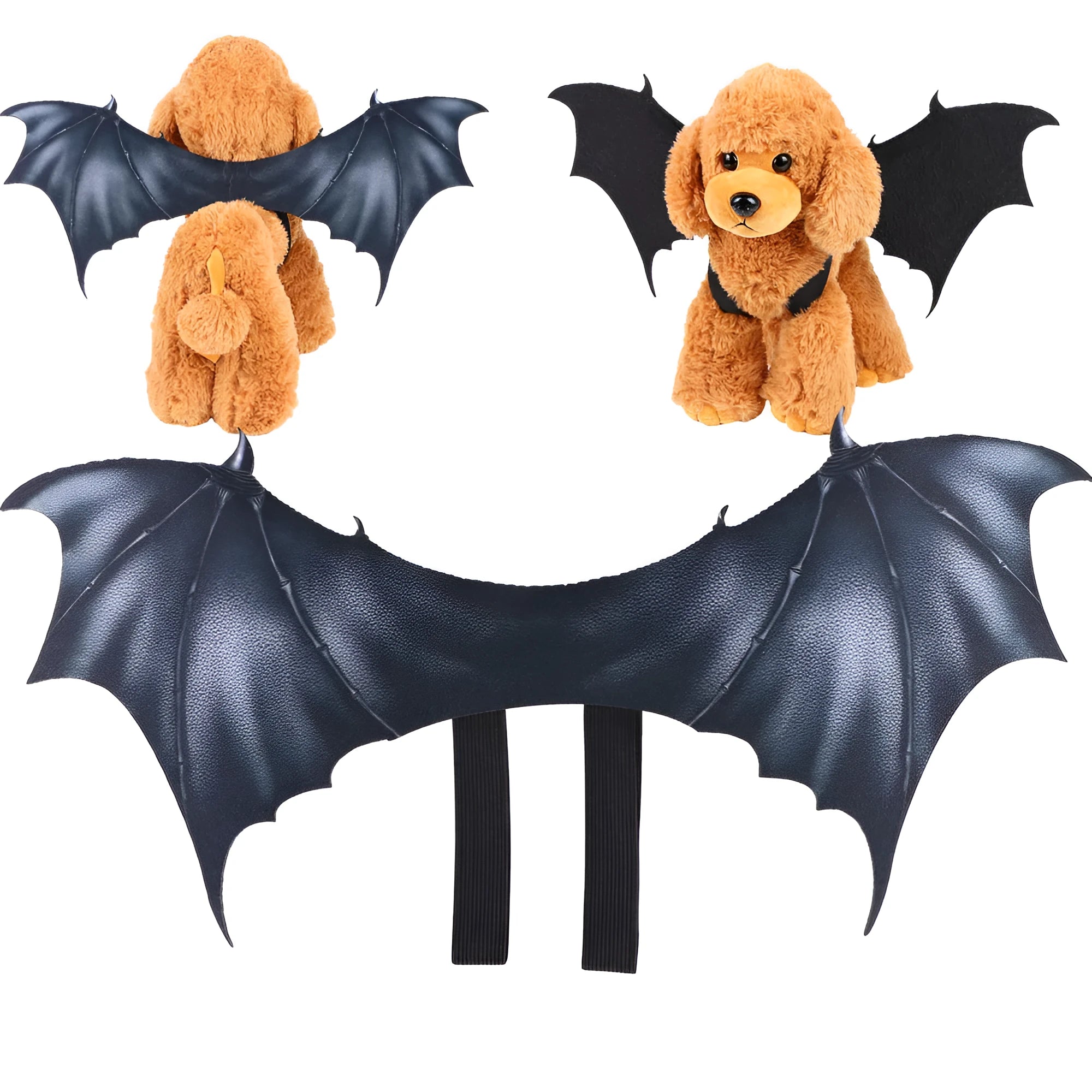Black cloth bat wings costume accessory for a dog or cat on a Halloween background.