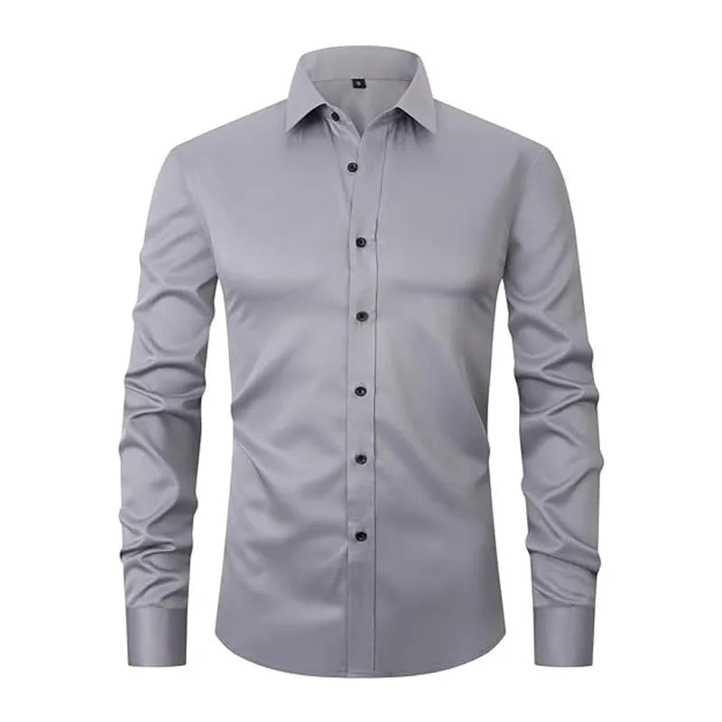 Men's stretch long sleeve work shirt in a blue colour variant on a hanger.