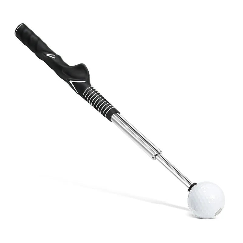 Telescopic golf swing trainer in stainless steel, shown extended for use