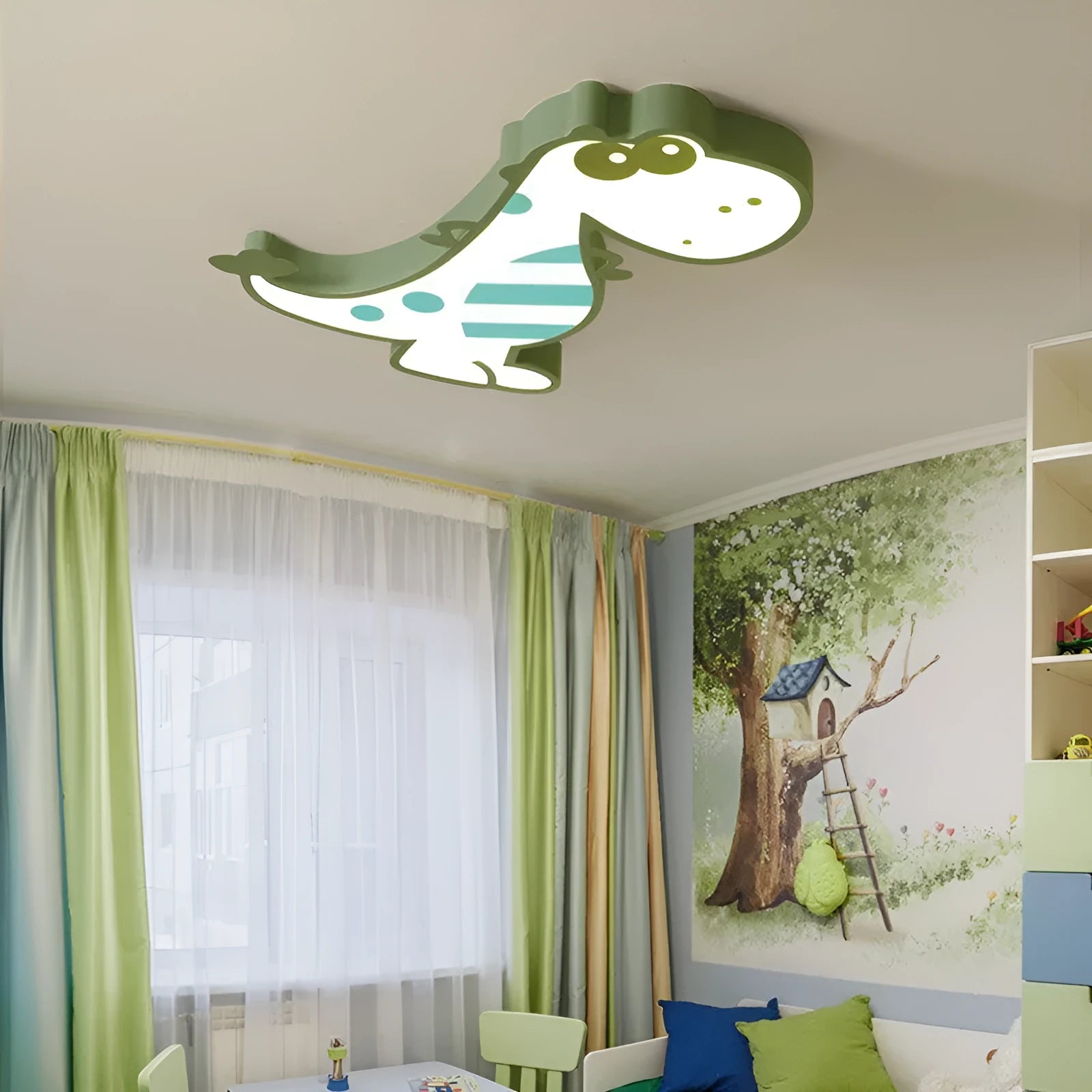 Green cartoon dinosaur ceiling light with aluminium body and PVC shade showing dimming feature