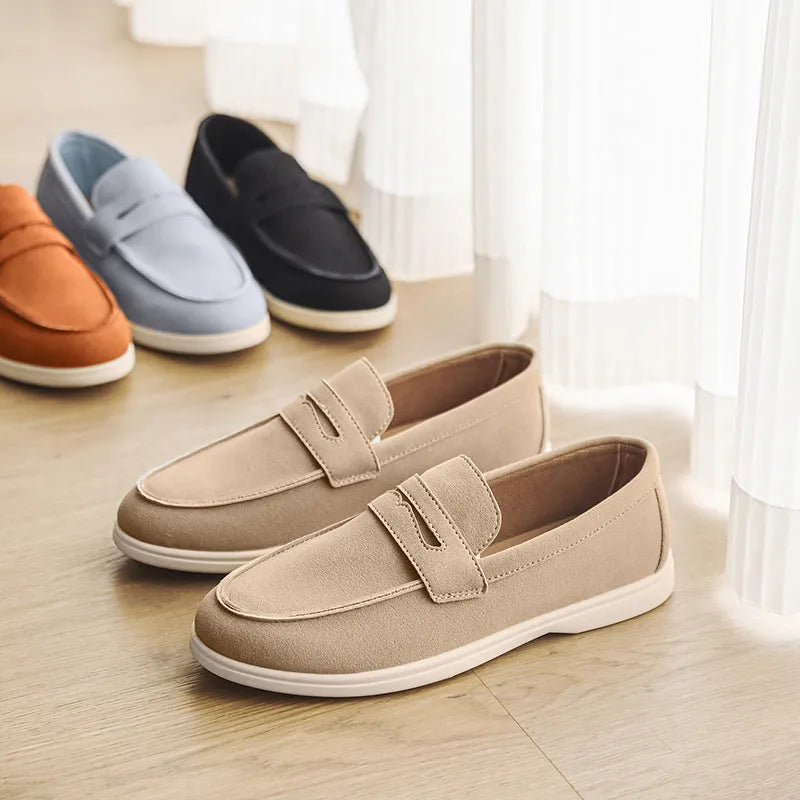 Men's suede leather casual shoes in beige colour with round toe and low flat heel