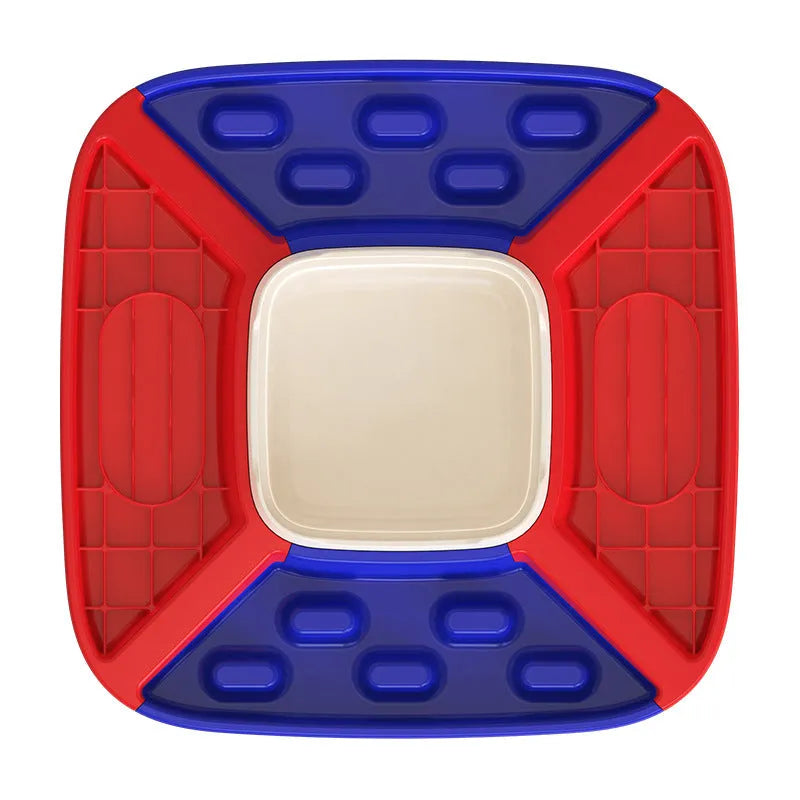 Dog slow eating tableware set with plastic feeder and drinking basin, 410mm x 410mm x 67mm, in blue
