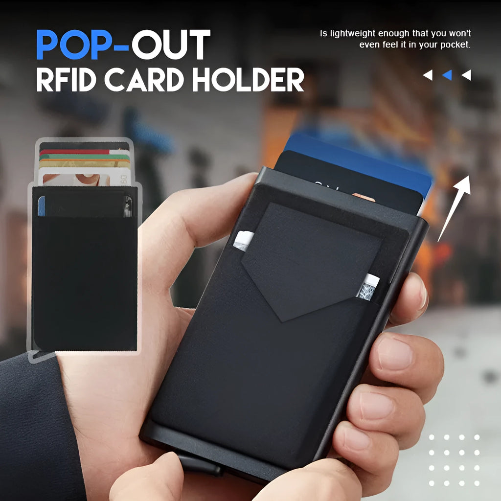 Frosted aluminium alloy credit card holder in multiple colour options showing its slim profile.