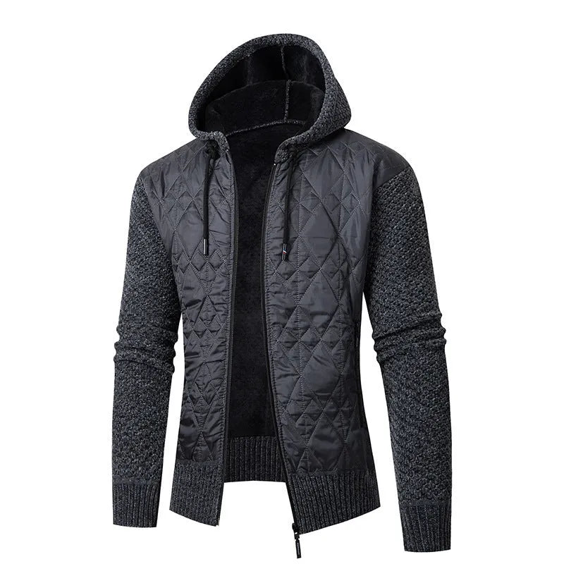 Men's grey hooded cardigan sweater coat made of wool and corduroy with a cinched waist.