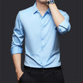 Man wearing a seamless long sleeve elastic shirt in a cardigan style, showing its fit and texture.