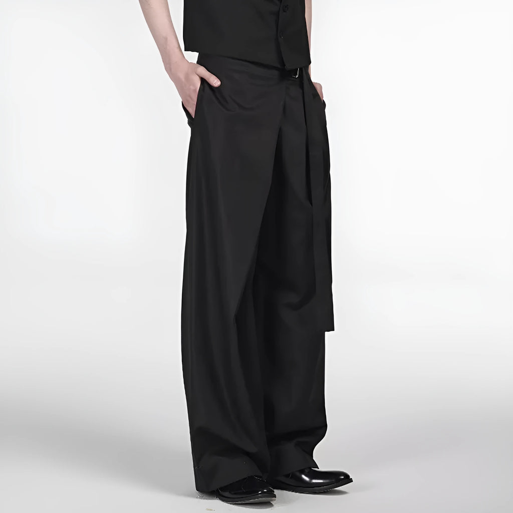 Black straight-leg trousers with a single pleat and adjustable waistband laid flat.
