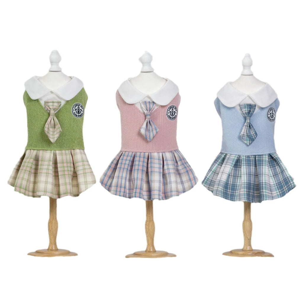 Polyester tartan skirt for small pets in princess style with blue green pink colour options