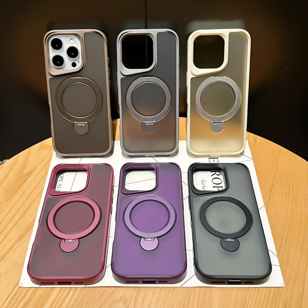iPhone 16 Pro case with 360 rotating bracket and magnetic suction, frosted TPU PC, shown in purple colour option