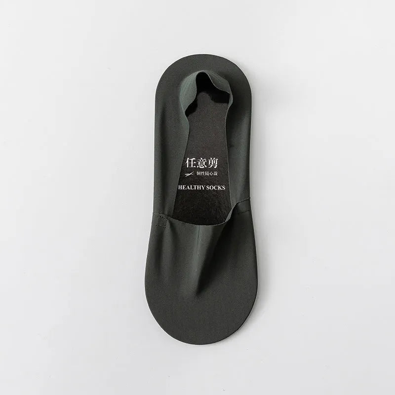 Men's low-cut seamless socks in ice silk fabric with pure cotton sole, shown in multiple colours.