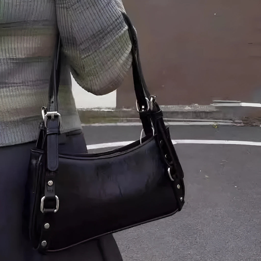 Hot Girl locomotive style all-matching shoulder bag in black PU with outer three-dimensional pocket