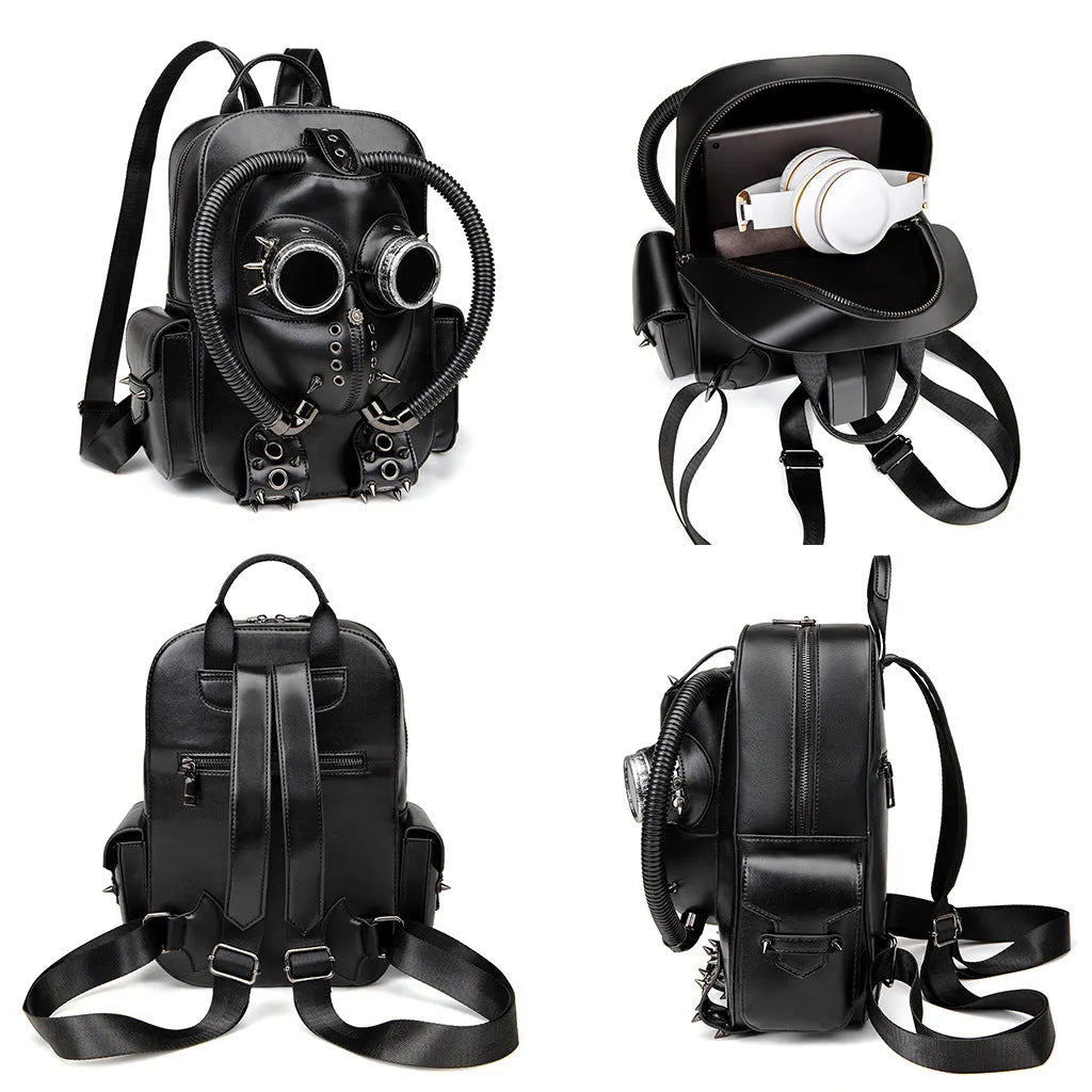 Black men's backpack with skull motif and silver studs on a structured PU body.