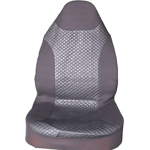 Black quilted automotive seat cover made of PU and polyester fabric, shown with plastic attachment hooks.