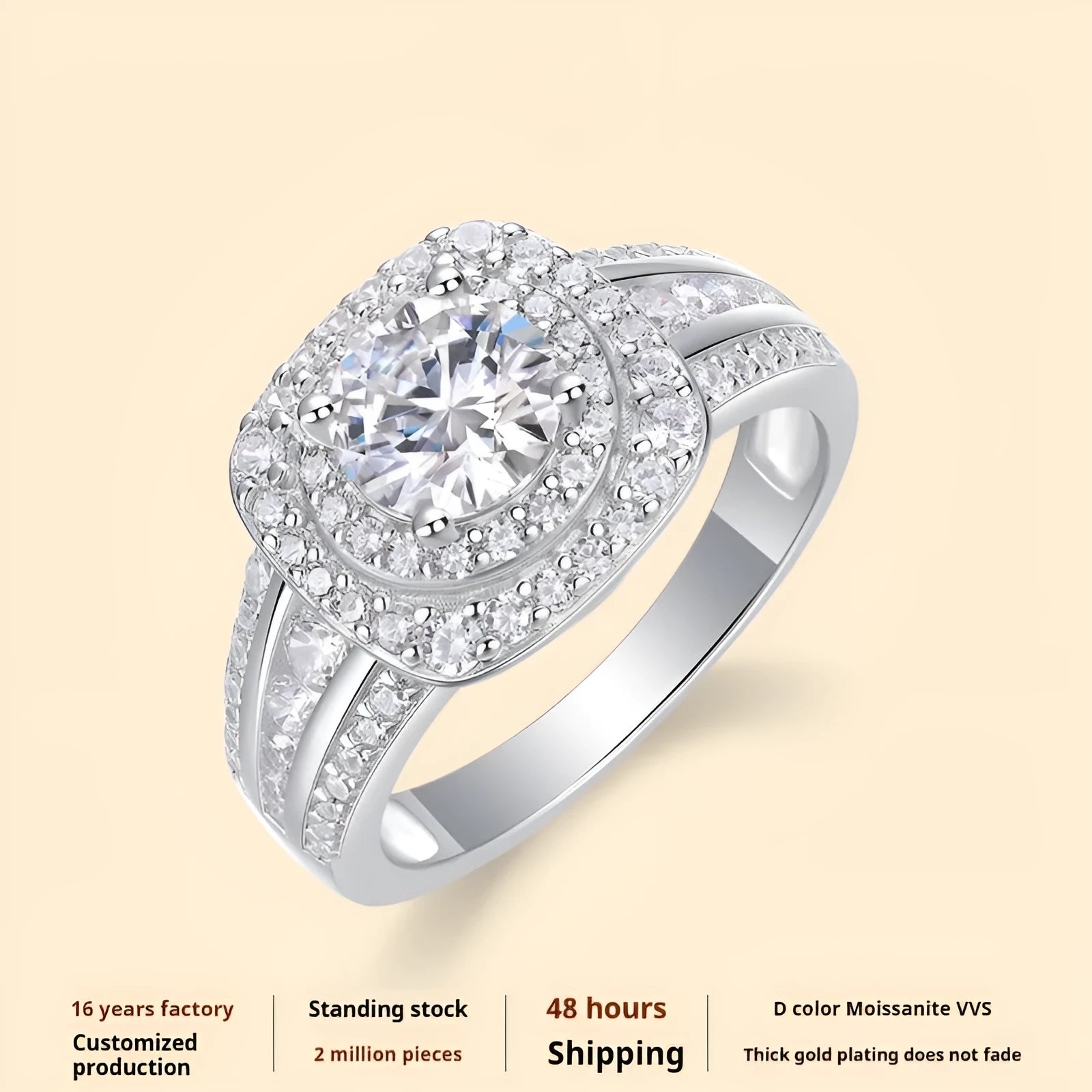 Moissanite silver ring with round cut geometric design on a silver band
