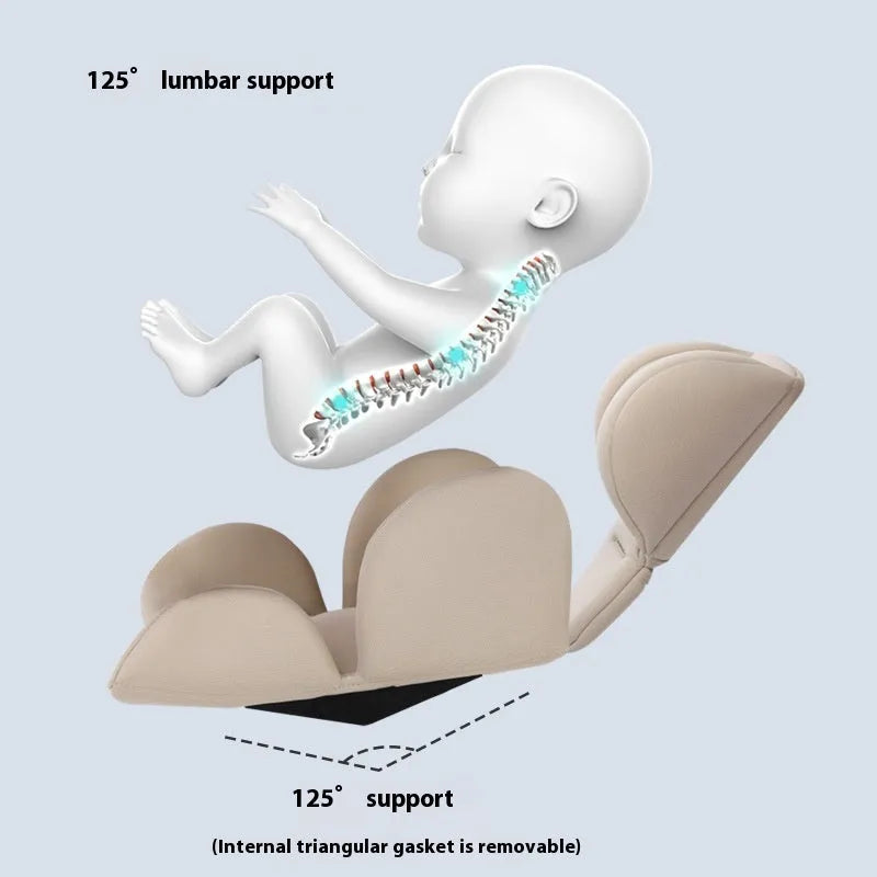 Children's safety seat cushion with waist support and head protection pad in knitted fabric and sponge, shown in assorted colours.