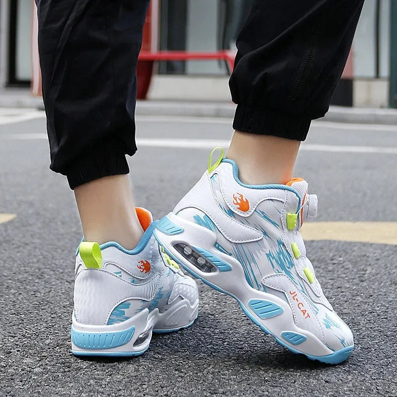 Children's rotating button basketball running shoes in synthetic leather with PU sole