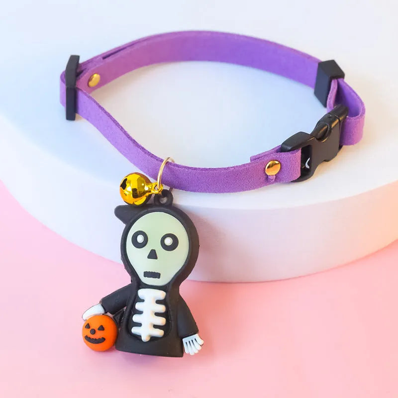 Halloween dog collar decoration showing pumpkin man, luminous brat, and luminous skull cartoon patterns on polyester fabric
