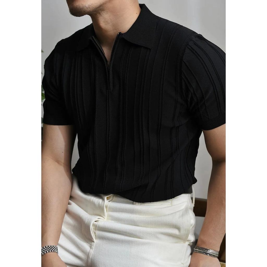 Men's loose-fit zipper short-sleeve knitted polo shirt in black, front view with lapel collar