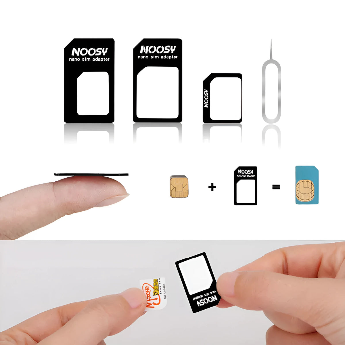 SIM Restore Four-in-one Set showing black plastic SIM adapters and a metal ejector pin on a white background.
