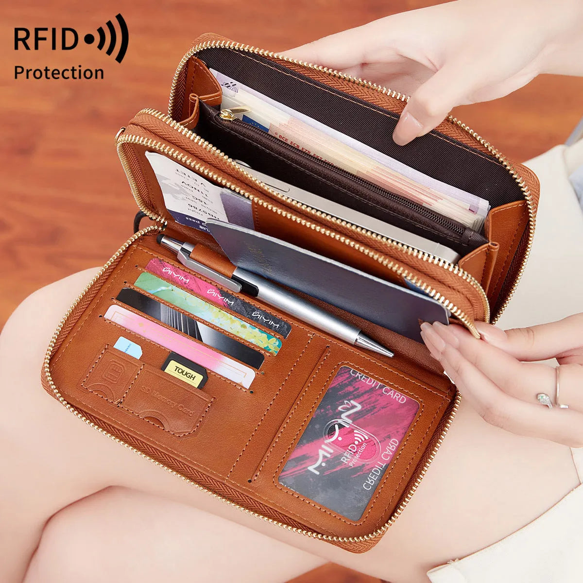 RFID multi-functional double zipper crossbody wallet in shell starfish design with letter pattern