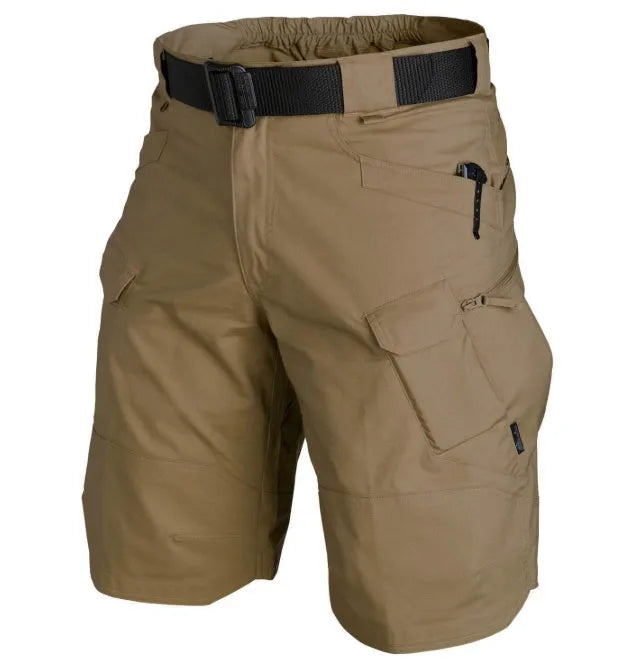 IX7 men's tactical shorts in cotton blend fabric shown in a camouflage colour, featuring a button fly.