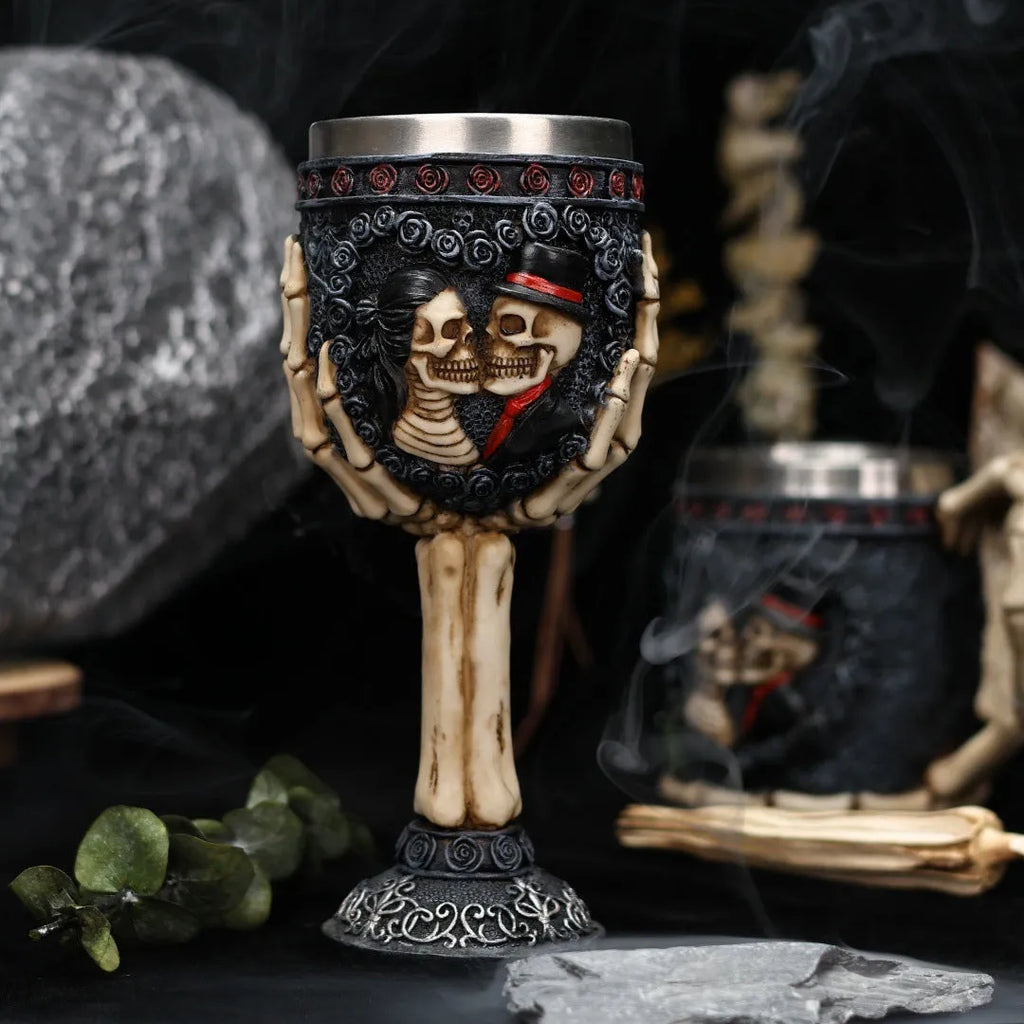 Skull-themed stainless steel wine glass with skeleton design and 200ml capacity