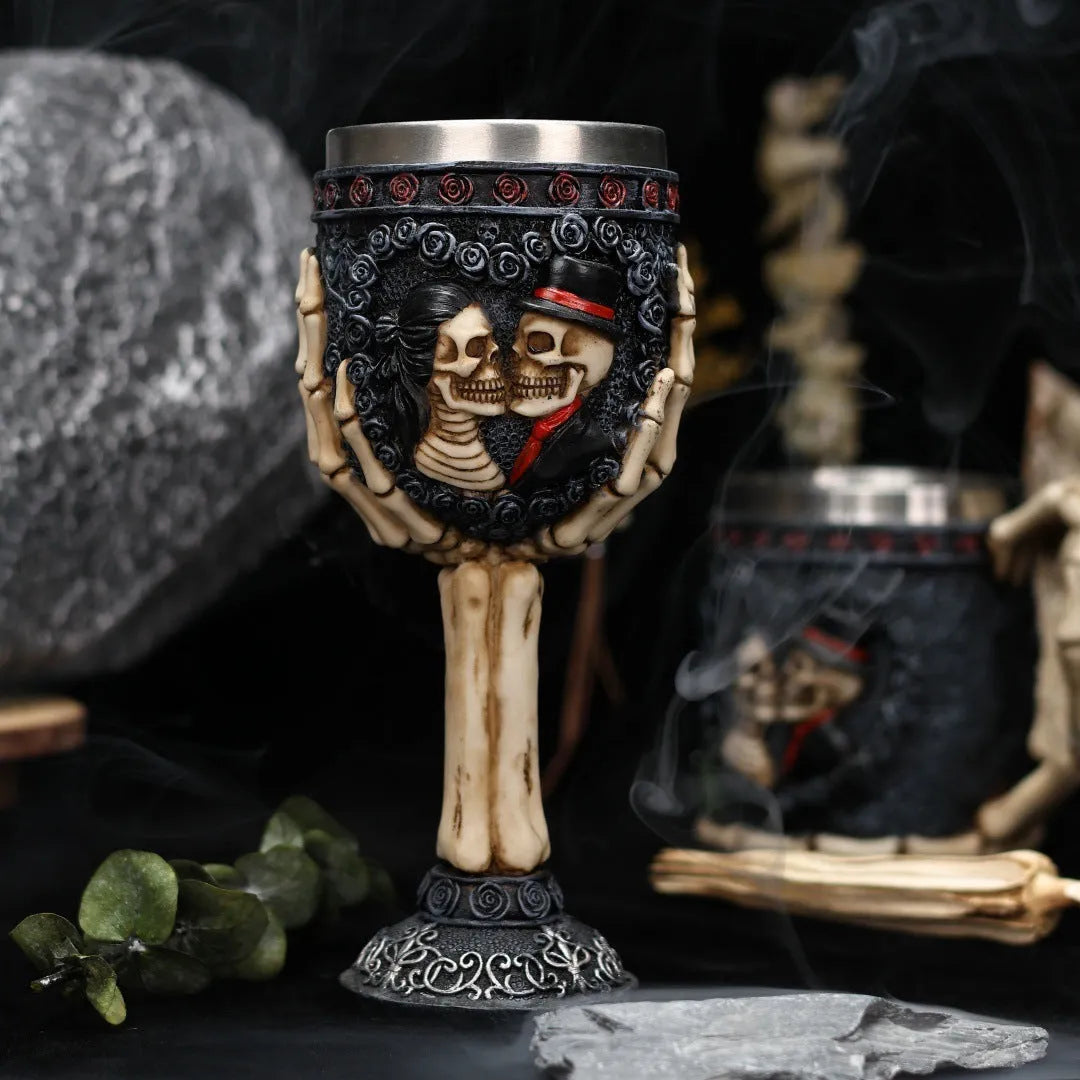 Skull-themed stainless steel wine glass with skeleton design and 200ml capacity