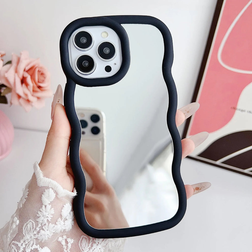 Silicone cloud wave phone case for iPhone 12-16, black back cover with mirror and stereo elements