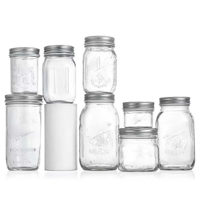Transparent high white glass Mason storage jar for jam and honey, 70mm and 86mm neck, 250ml to 1000ml