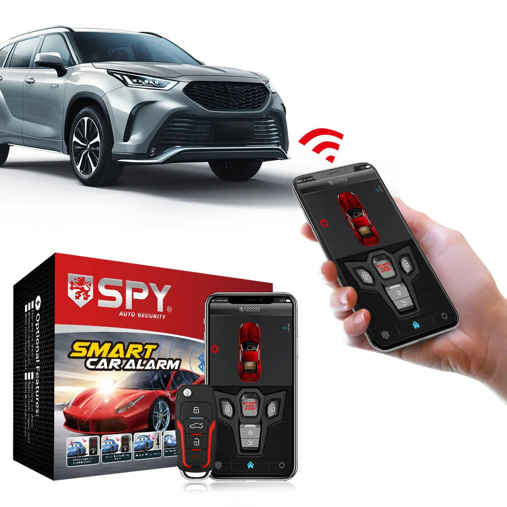 Red and black one-way remote control car alarm unit with two remotes for vehicle security.