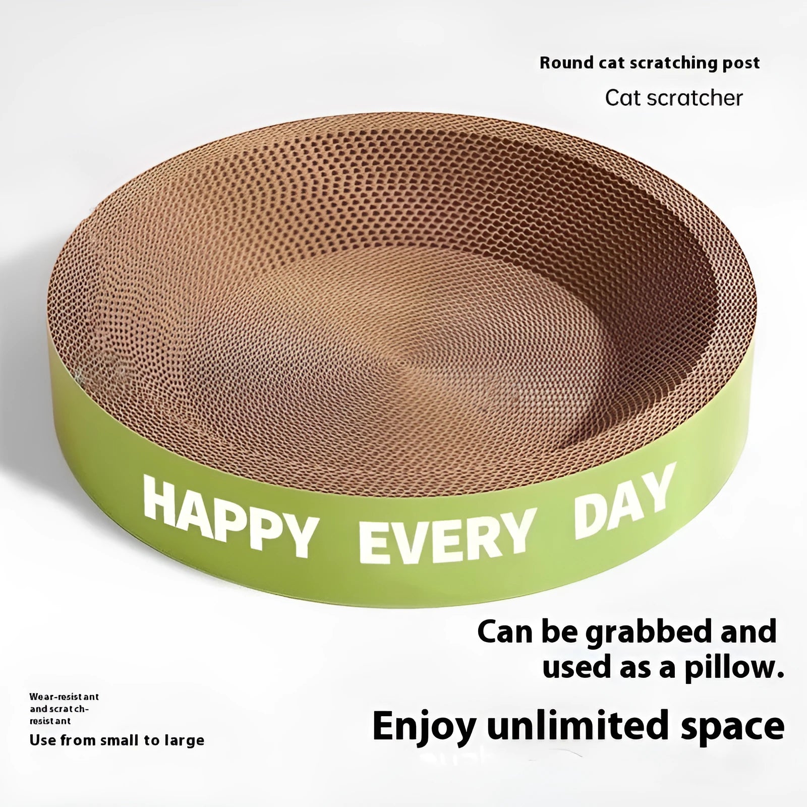 Green round cat nest with a central sisal scratching surface and soft inner cushion.