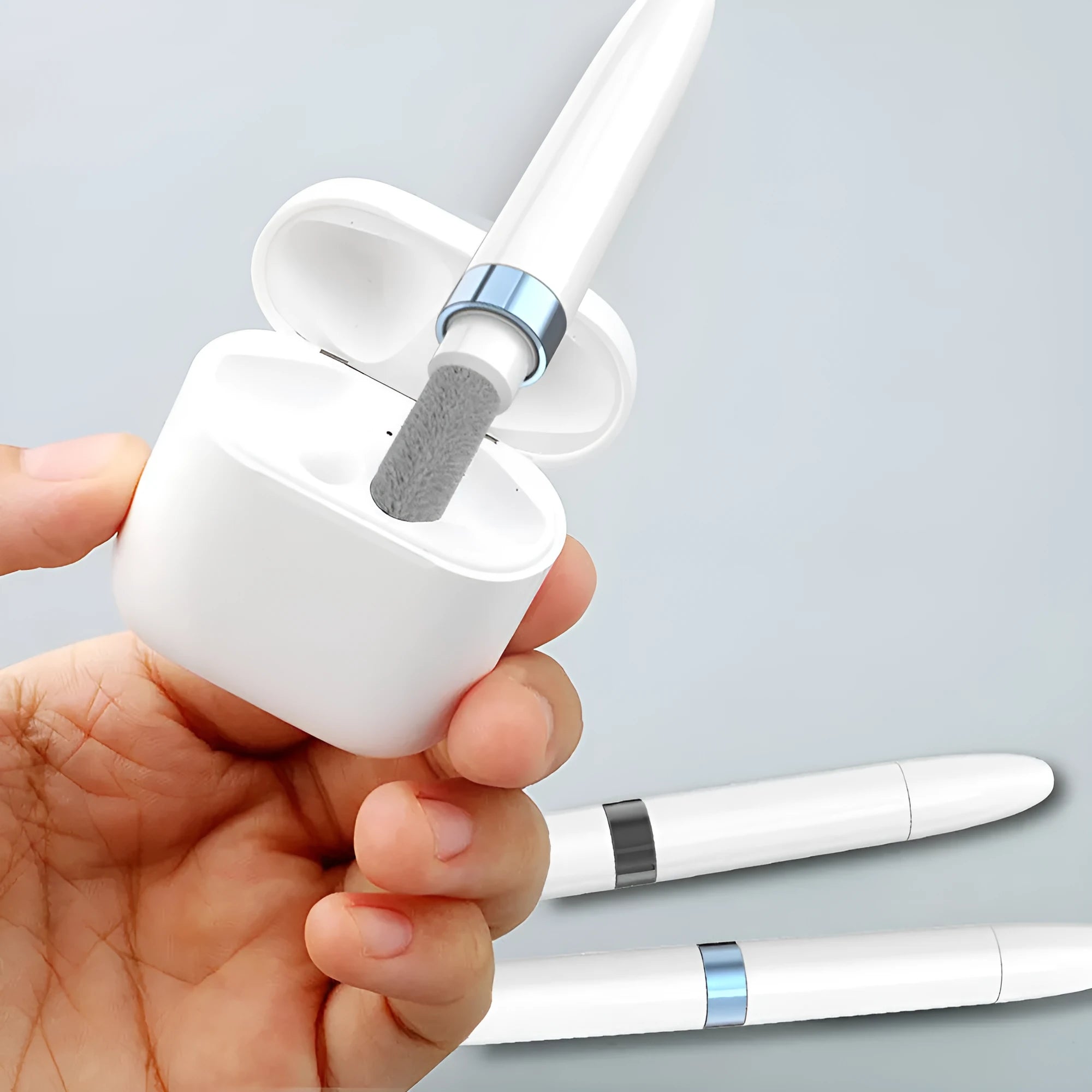 Blue electronics cleaning pen with three cleaning layers for headphones and phones