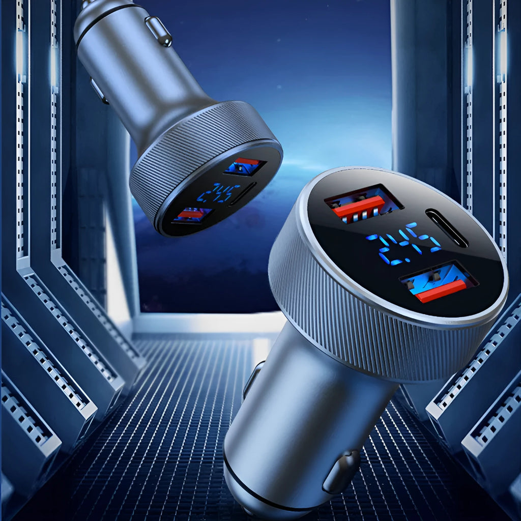 Black aluminium alloy car charger with digital display plugged into a vehicle cigarette lighter.