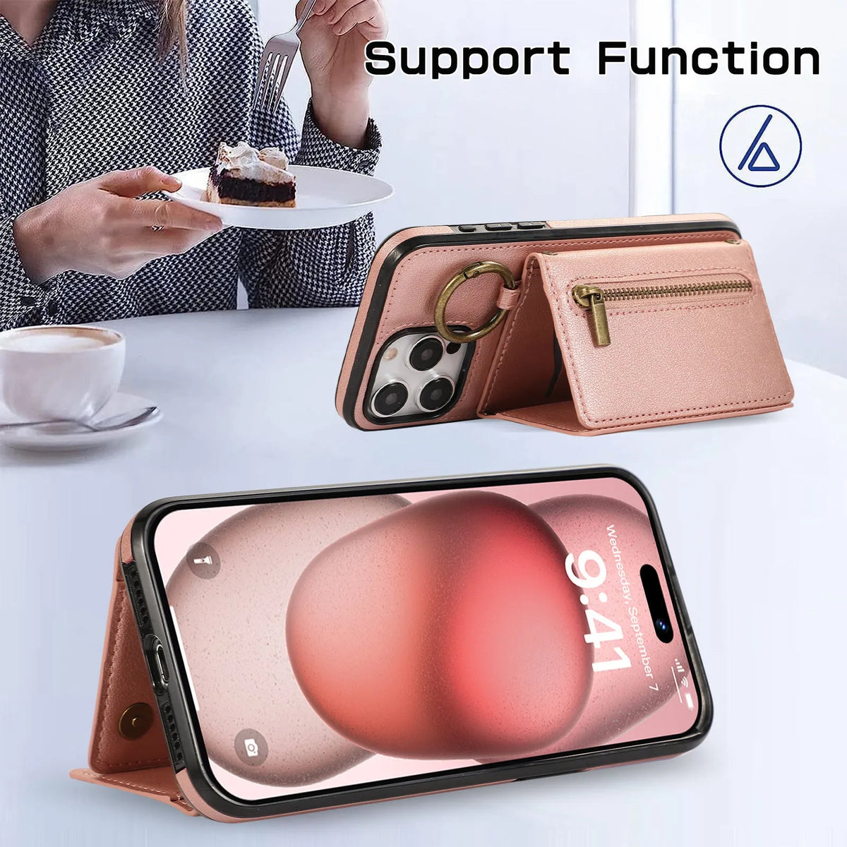 iPhone 16 crossbody phone case with tri-fold PU leather, card holder, ring bracket and zipper in black