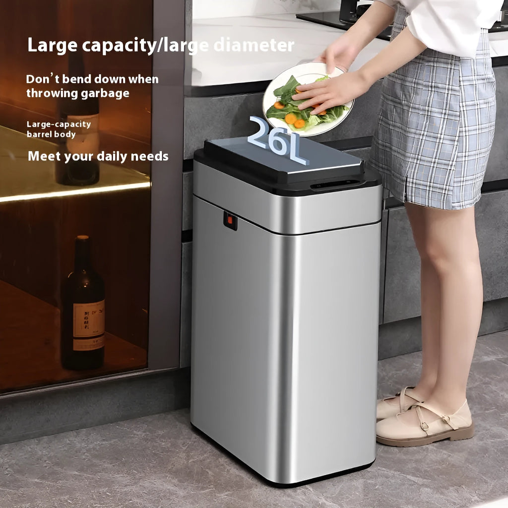 Stainless steel automatic sensor trash can with square bucket and deodorant function.
