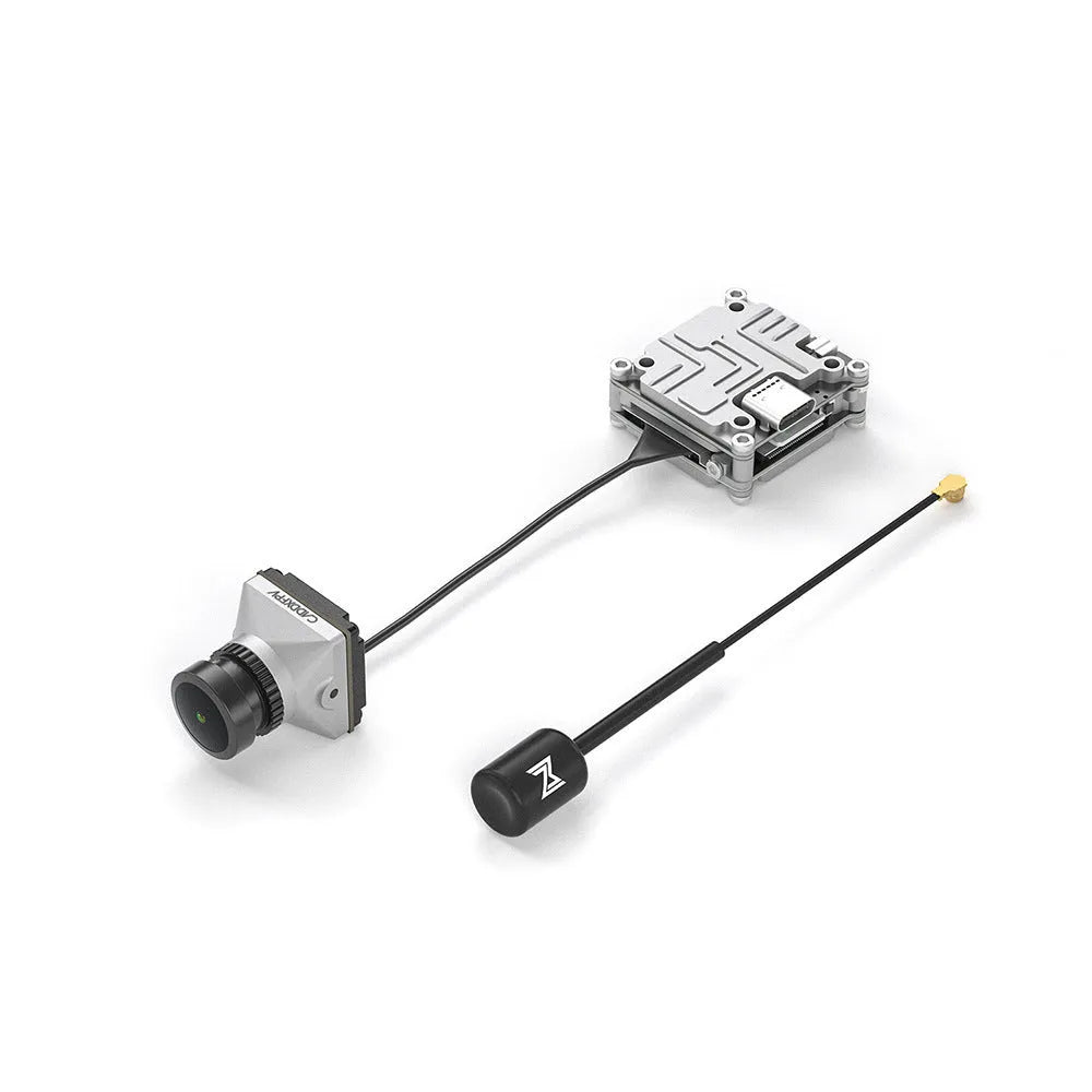 Silver Caddx ADAPTS DJI FPV digital image transmission unit with mounting screws and cables.