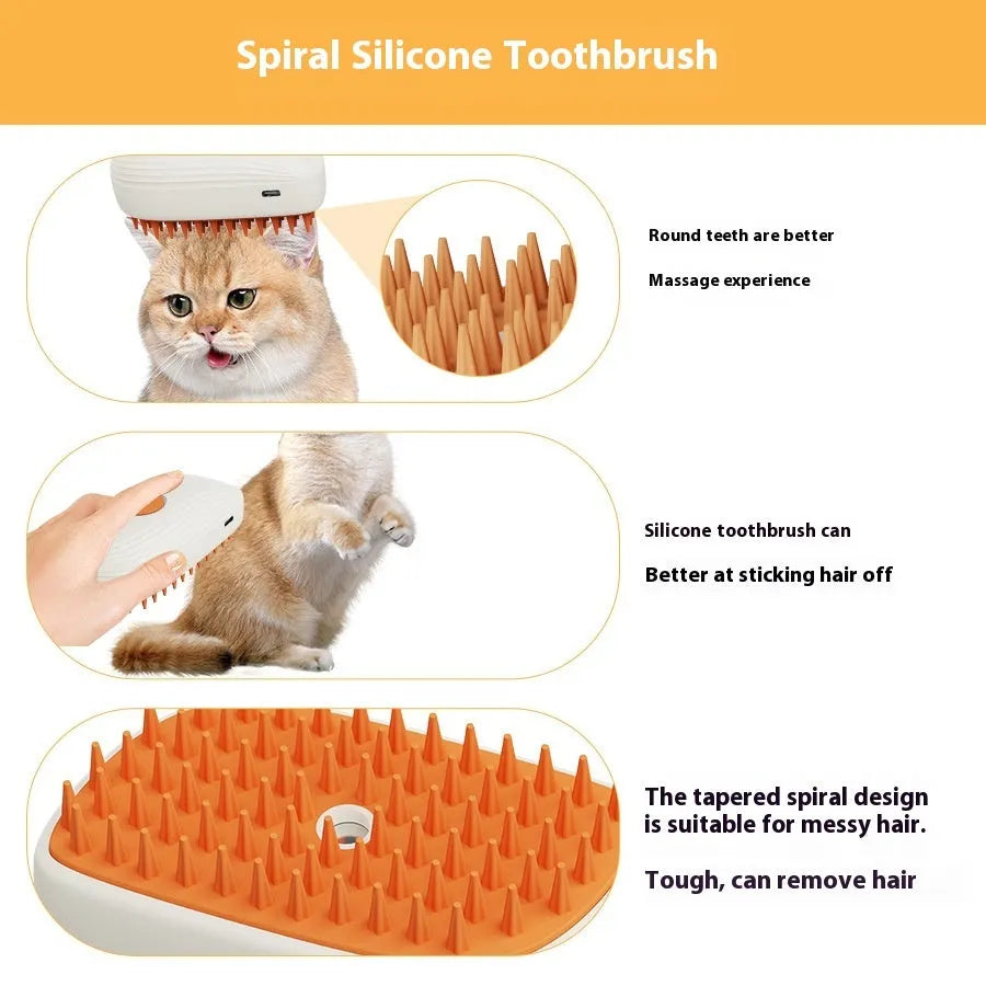USB rechargeable pet steam brush in white and orange, ABS/TPR, 11.8 x 6.8 x 5.5 cm