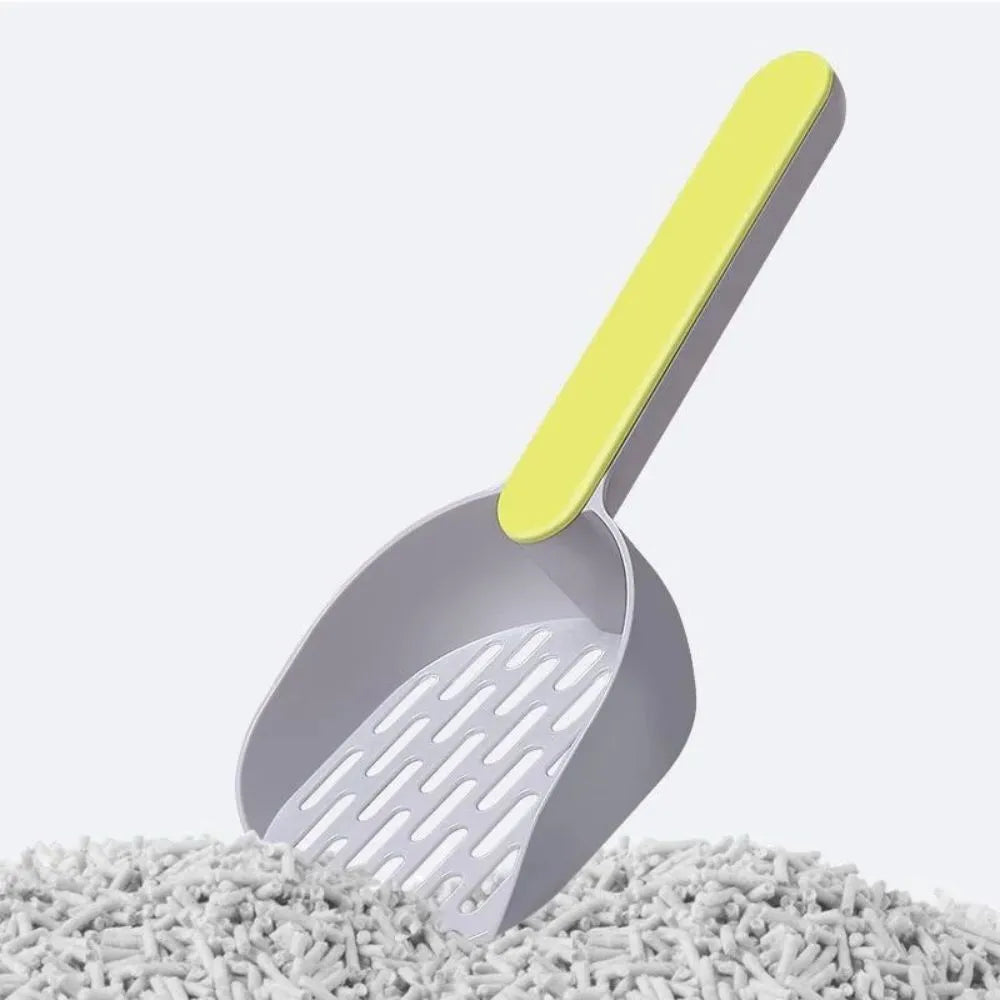 Blue plastic cat litter scoop shovel with fine mesh sieve slots and ergonomic handle for litter box cleaning