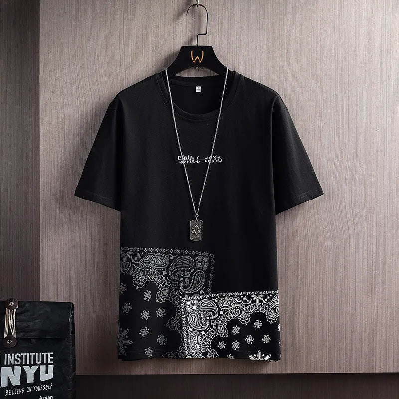 Men's short sleeve round neck T-shirt with geometric print in black, white, blue or khaki, loose straight fit