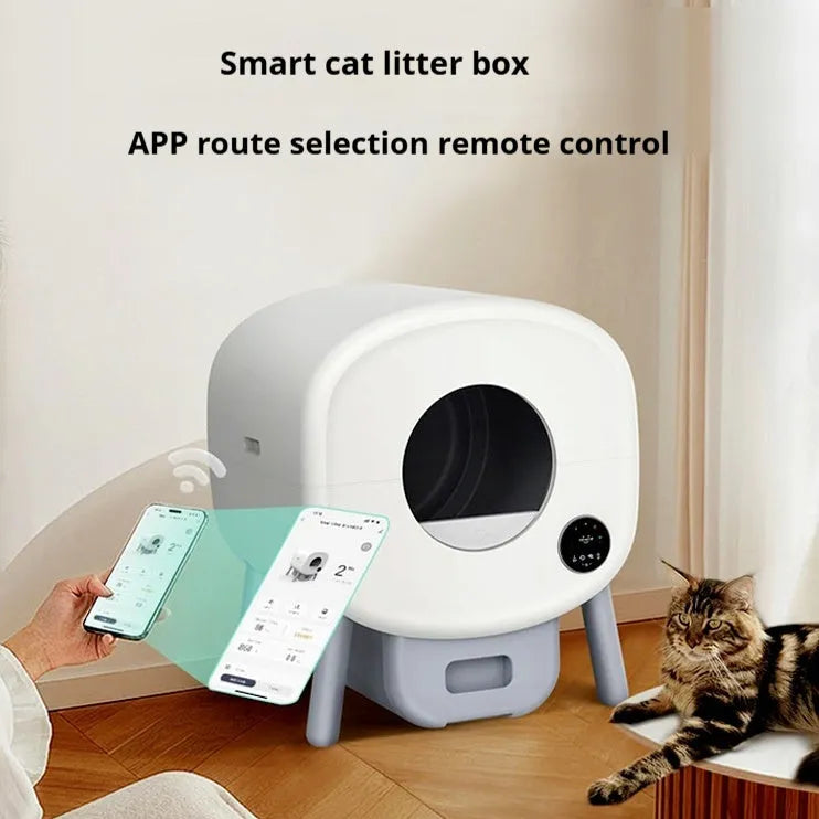 White automatic self-cleaning cat litter box with dimensions 550mm wide by 645mm high