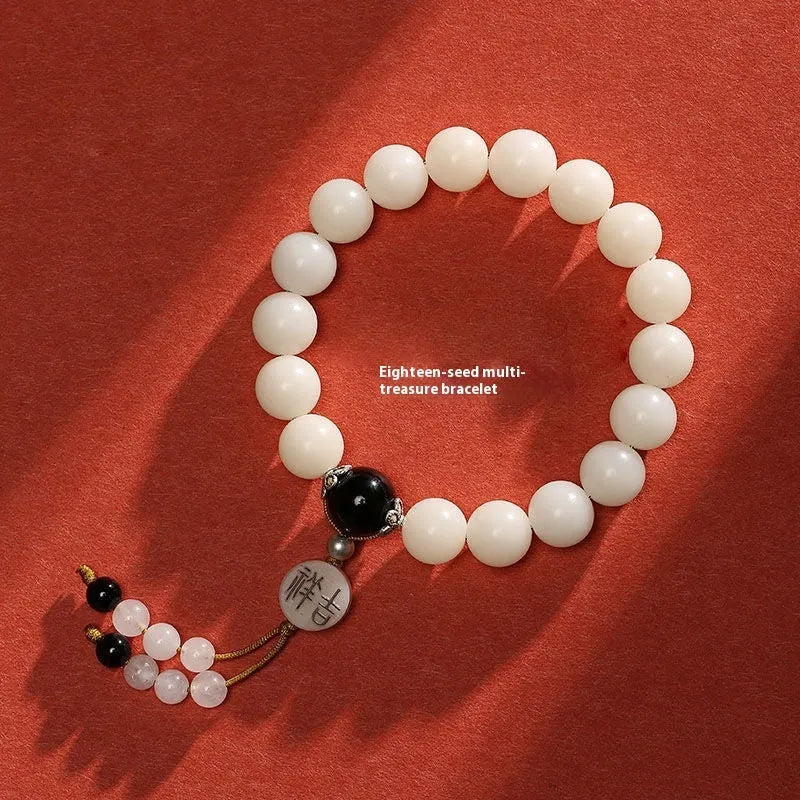White jade Bodhi couple bracelet with 10mm beads and traditional Ruyi elements