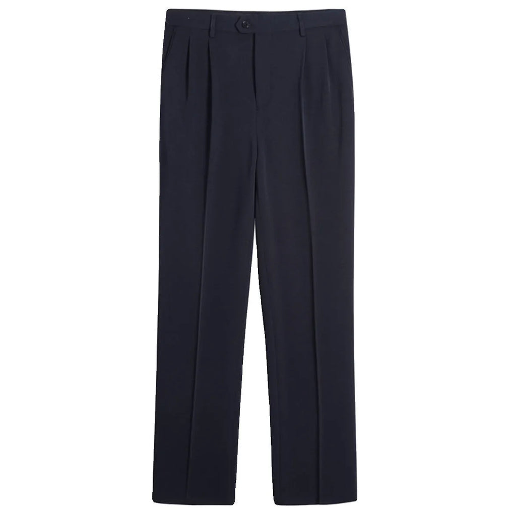 Men's loose deep crotch straight wool trousers with double pleated front, sizes 30-56, in dark blue, black, or grey.